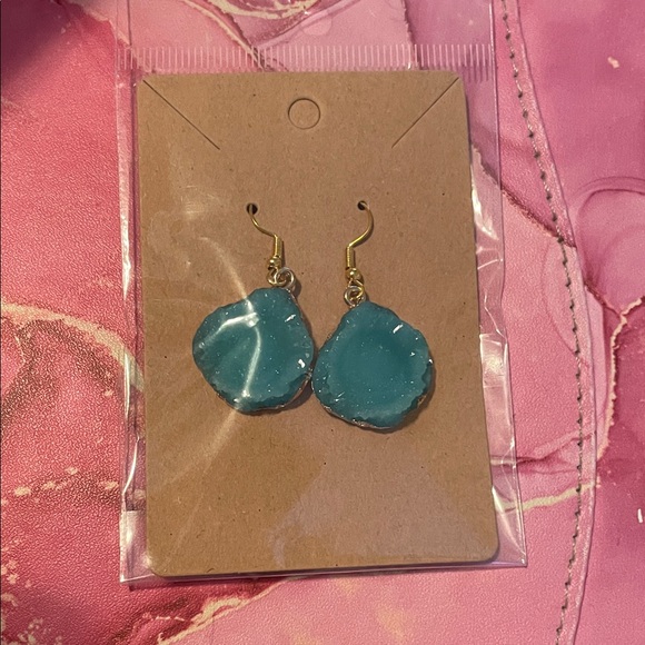 Teal faux stone backed in gold Dangle Earrings - Picture 1 of 2